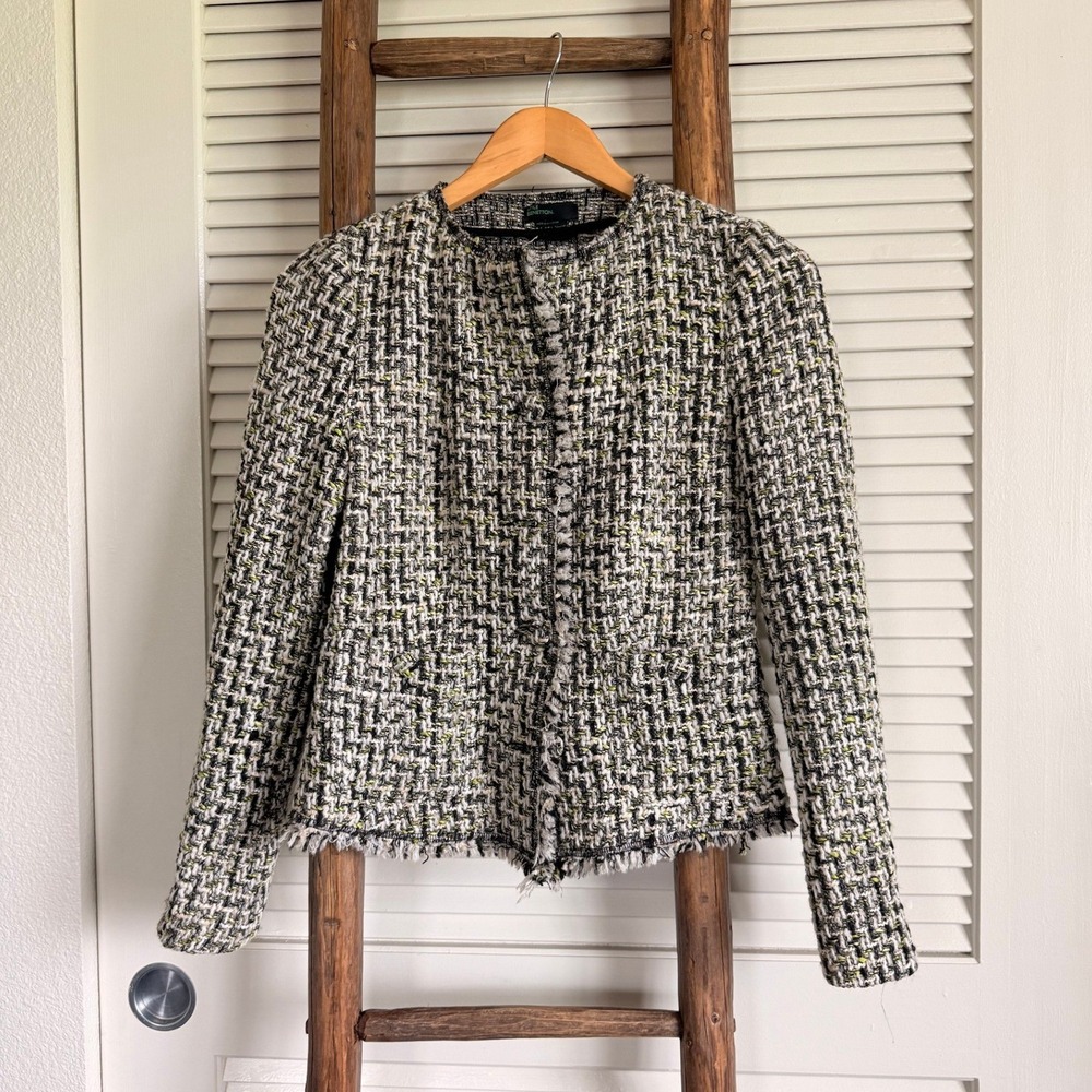 Benetton Tweed Blazer 42 Black White Lime Green Frayed Trim